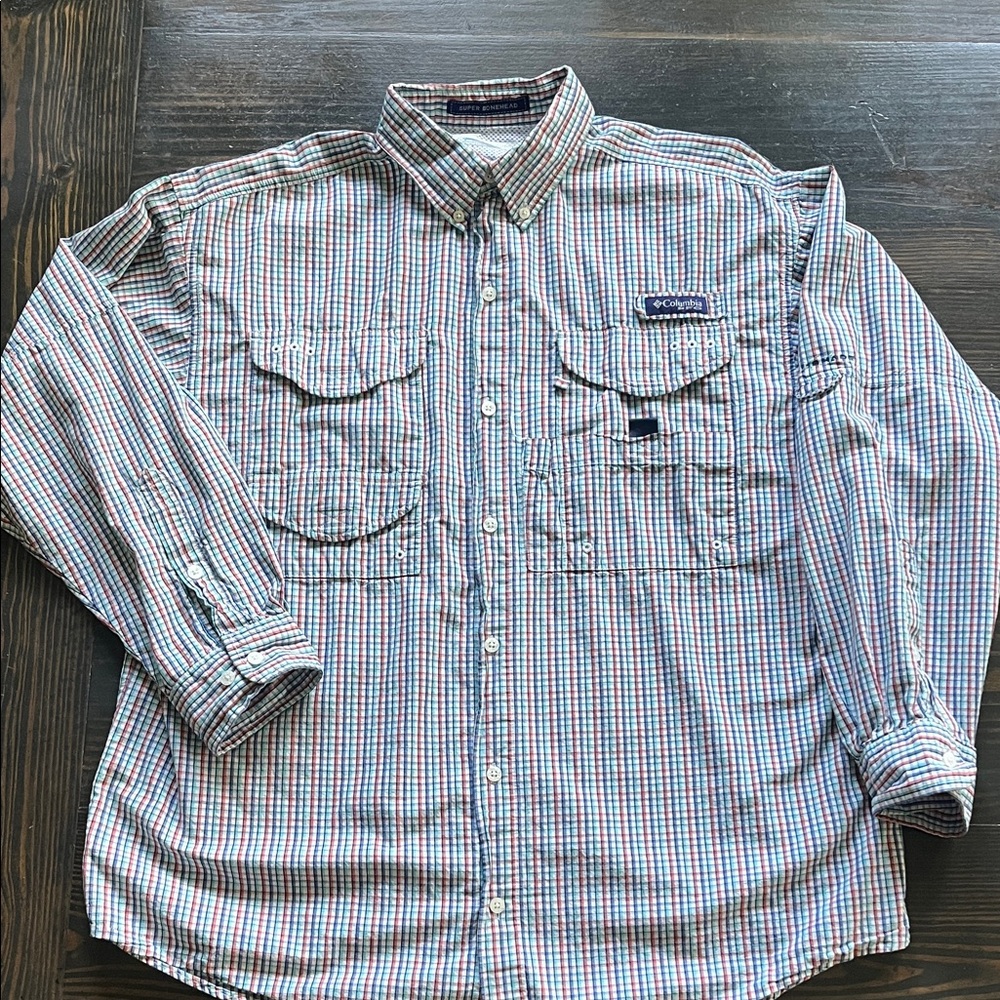 Columbia Men's PFG Blue and Red Checkered Button-Down Shirt